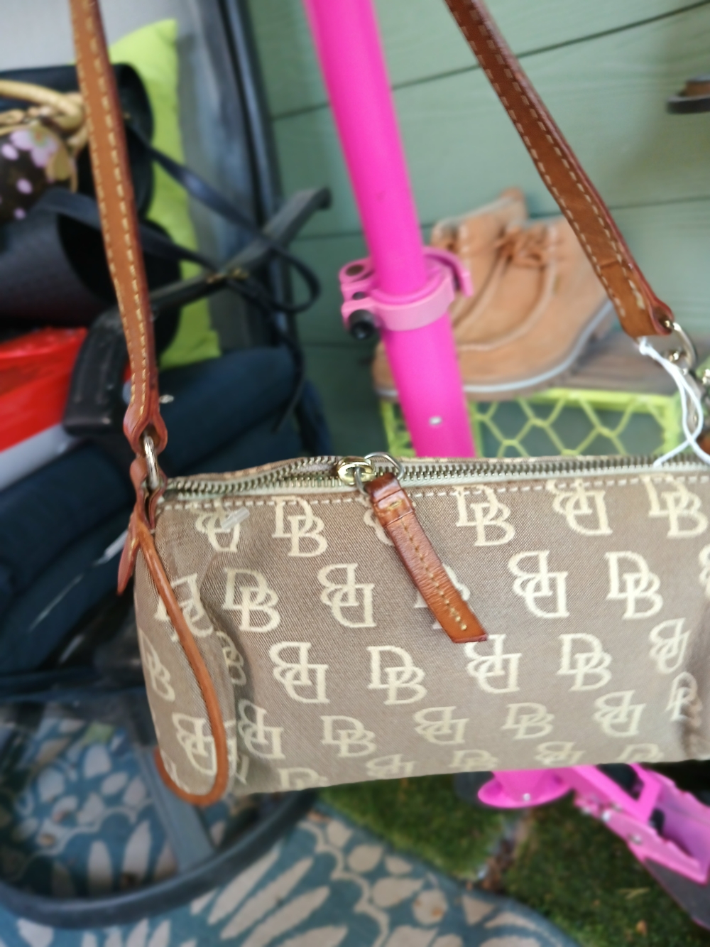 Vintage Dooney & Bourke Brown Logo Canvas Wristlet Bag